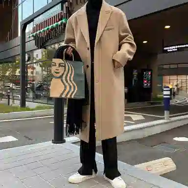 我是大卫 毛呢纯色中长款高级感保暖加厚韩版休闲外套大衣 男女同款