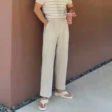 我是大卫 韩版日系双褶皱宽松直筒那不勒斯休闲裤 男女同款 杏色