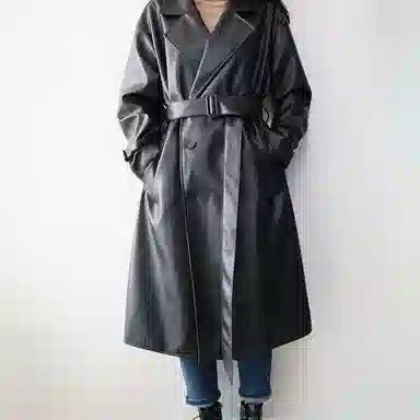 我是大卫 美式个性帅气中长款双排扣韩版宽松百搭皮衣 男女同款 黑色