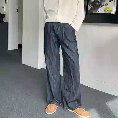 我是大卫 纯色中腰松紧宽松直筒牛仔裤 男女同款 深蓝色