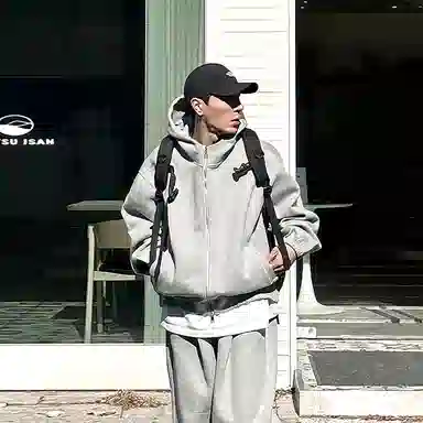 我是大卫 纯色休闲运动韩版开衫外套休闲连帽卫衣 男女同款 灰色