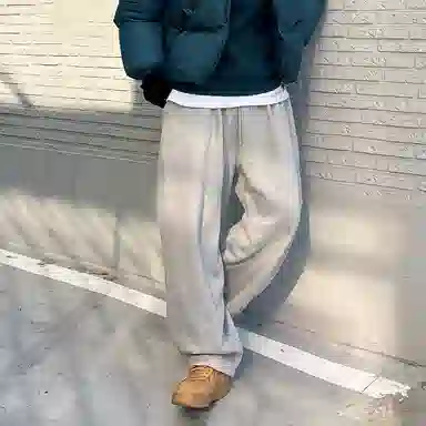 我是大卫 美式高街潮牌宽松灰色重磅松紧腰褶皱直筒休闲裤 男女同款 灰色