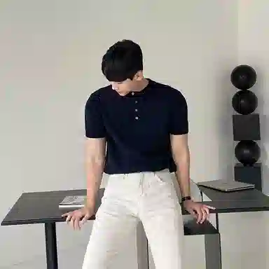 我是大卫 纯色亨利领慵懒韩系短袖针织衫 男女同款