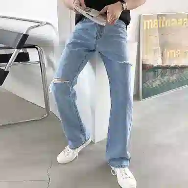 我是大卫 破洞设计宽松休闲直筒牛仔裤 男女同款 浅蓝色