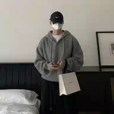 我是大卫 复古连帽套头宽松休闲慵懒感长袖针织衫 男女同款 灰色