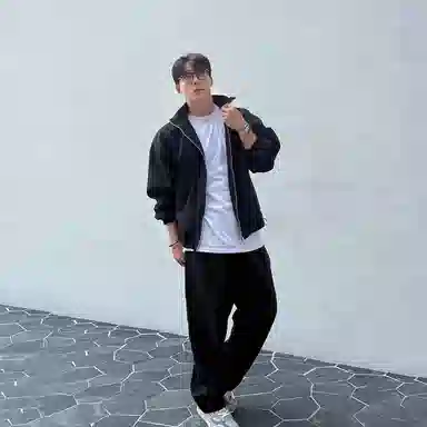 我是大卫 韩版百搭立领纯色休闲两件套美式高街宽松卫衣套装 通用 黑色