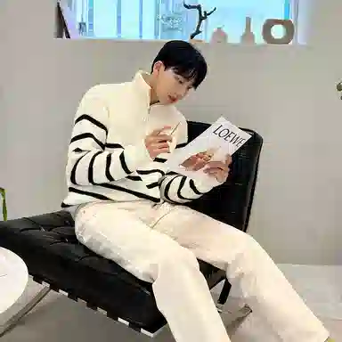 我是大卫 条纹翻领半拉链装饰休闲套头长袖针织衫 男女同款