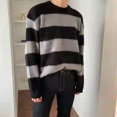 我是大卫 小众设计感百搭韩版高级感时尚休闲宽松针织衫 男女同款 黑灰条纹