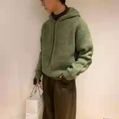 我是大卫 纯色简约慵懒风连帽套头长袖针织衫 男女同款 军绿色