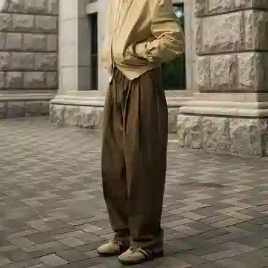 我是大卫 日系复古松紧系带阔腿宽松休闲裤 男女同款 棕色