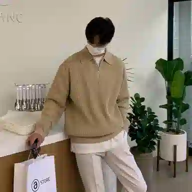 我是大卫 港风复古小众半拉链翻领设计感宽松套头针织衫 男女同款