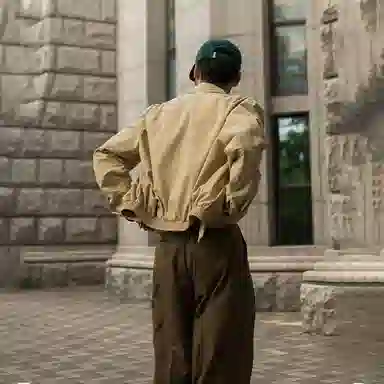 我是大卫 纯色美式重工立领短款双拉链长袖夹克外套 男女同款 黄杏色