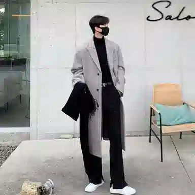 我是大卫 毛呢纯色中长款高级感保暖加厚韩版休闲外套大衣 男女同款