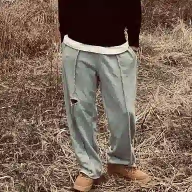 我是大卫 破洞痞帅直筒裤春秋宽松百搭垂感高街休闲裤 男款