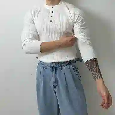 我是大卫 美式圆领纯色修身打底针织衫 男女同款