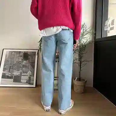 我是大卫 复古水洗宽松阔腿牛仔裤 男女同款 浅蓝色