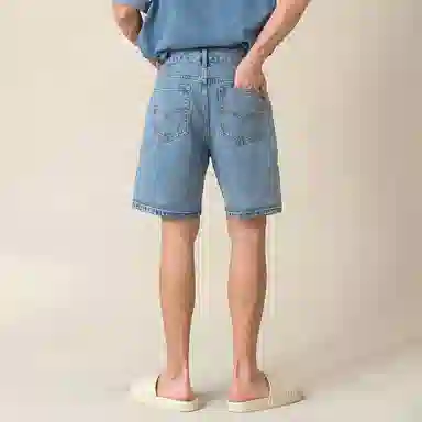 我是大卫 复古设计感水洗牛仔裤潮流毛边直筒宽松五分休闲短裤 男女同款 蓝色