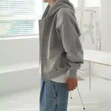 我是大卫 纯色开衫纽扣休闲宽松套头连帽卫衣 男女同款