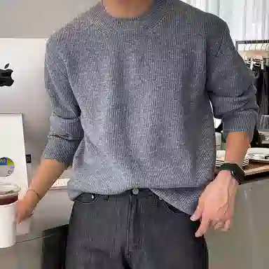 我是大卫 纯色圆领慵懒风简约韩系百搭宽松长袖针织衫 男女同款