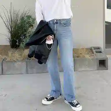 我是大卫 韩系简约百搭直筒宽松舒适牛仔裤 男女同款 浅蓝色