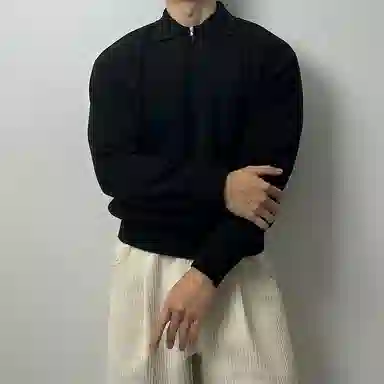 我是大卫 纯色翻领拉链多口袋长袖针织衫 男女同款