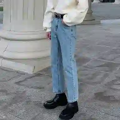 我是大卫 直筒修身百搭复古九分牛仔裤 男女同款 浅蓝色