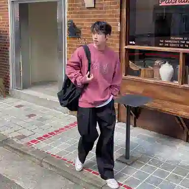 我是大卫 美式复古重磅圆领套头宽松休闲卫衣 男女同款 粉红色