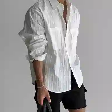 我是大卫 纯色条纹高级感宽松百搭大口袋设计氛围感长袖衬衫 男女同款