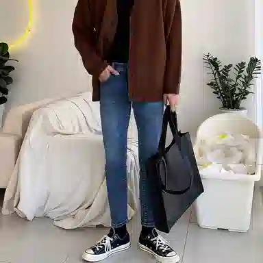 我是大卫 美式复古水洗弹力休闲百搭小脚九分牛仔裤 男女同款 蓝色