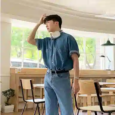 我是大卫 夏季宽松做旧高级感休闲牛仔衬衣韩版痞帅时尚短袖衬衫 男款