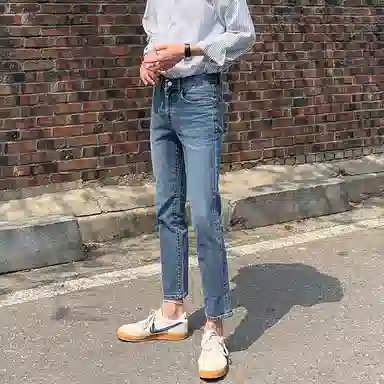 我是大卫 纯色拉链时尚九分水洗复古高级感牛仔裤 男女同款 蓝色