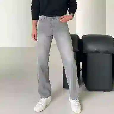 我是大卫 高街复古直筒宽松牛仔裤 男女同款 烟灰色