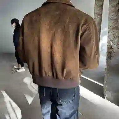 我是大卫 美式复古麂皮绒美拉德短款机车飞行夹克外套 男女同款