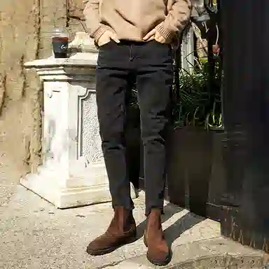 我是大卫 破洞设计高弹修身九分牛仔裤 男女同款 黑色