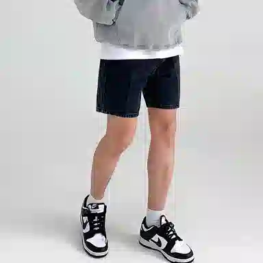 我是大卫 纯色拉链水洗宽松复古直筒宽松牛仔短裤 男女同款