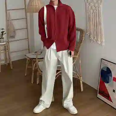 我是大卫 美式立领双拉链开衫长袖针织衫 男女同款 红色