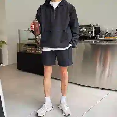 我是大卫 纯色简约半拉链设计连帽套头长袖上衣抽绳直筒短裤休闲运动套装 男女同款