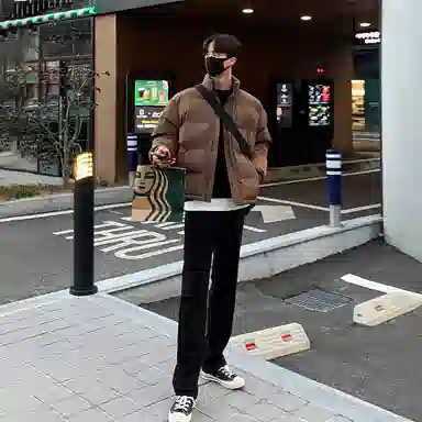 我是大卫 纯色简约立领保暖加厚休闲面包棉服 男女同款 棕色