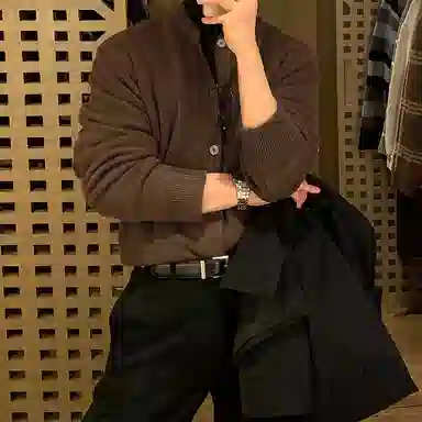 我是大卫 单排扣纯色圆领百搭宽松针织衫 男女同款