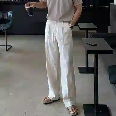 我是大卫 亚麻纯色高腰简约垂感直筒宽松休闲裤 男女同款 深米色