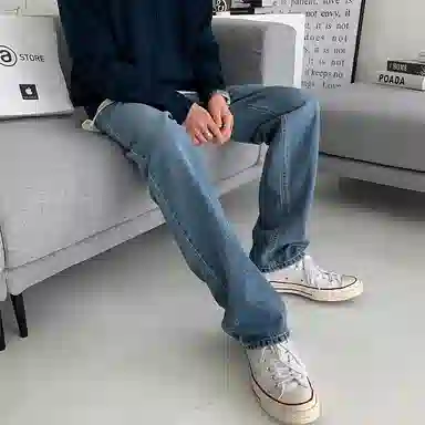 我是大卫 韩版复古浅水洗百搭宽松直筒休闲牛仔裤 男女同款 浅蓝色