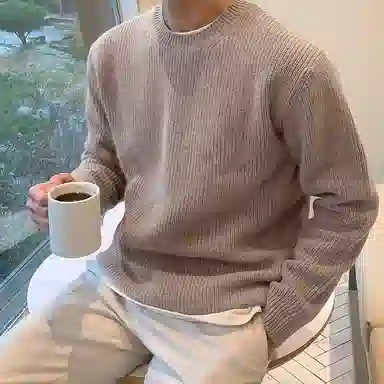 我是大卫 纯色圆领慵懒风简约韩系百搭宽松长袖针织衫 男女同款