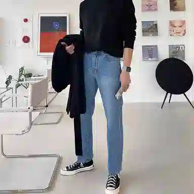 我是大卫 纯色做旧中腰拉链宽松休闲直筒牛仔裤 男女同款 蓝色