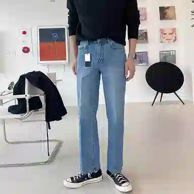 我是大卫 纯色做旧中腰拉链宽松休闲直筒牛仔裤 男女同款 蓝色