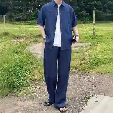 我是大卫 美式复古牛仔短袖上衣重工车线拼接水洗工装长裤衬衫套装 通用 蓝色