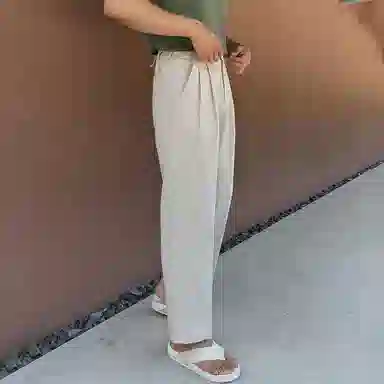 我是大卫 韩版日系双褶皱宽松直筒那不勒斯休闲裤 男女同款 杏色