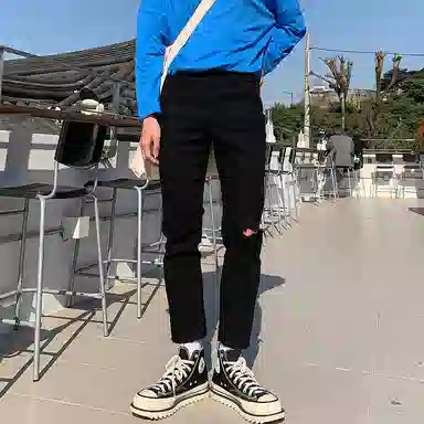 我是大卫 破洞舒适简约时尚百搭九分牛仔裤 男女同款 黑色