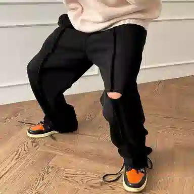 我是大卫 破洞痞帅直筒裤宽松卫裤百搭垂感高街休闲裤 男款 黑色