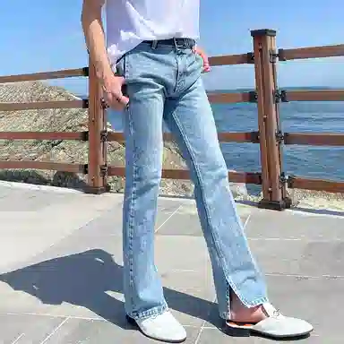 我是大卫 韩版复古直筒宽松百搭水洗牛仔裤 男女同款 浅蓝色