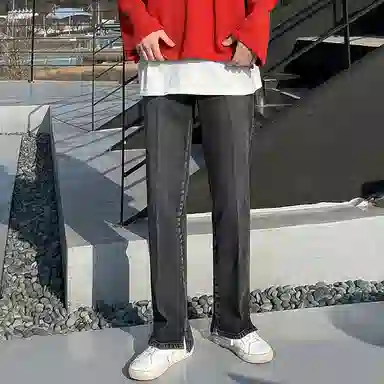 我是大卫 复古深色开叉宽松直筒牛仔裤 男女同款 黑色